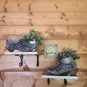 Rieker Sina Weave Nero 46778 Gray Leather Woven Slip On Block Heel Shoe Sz  39/8